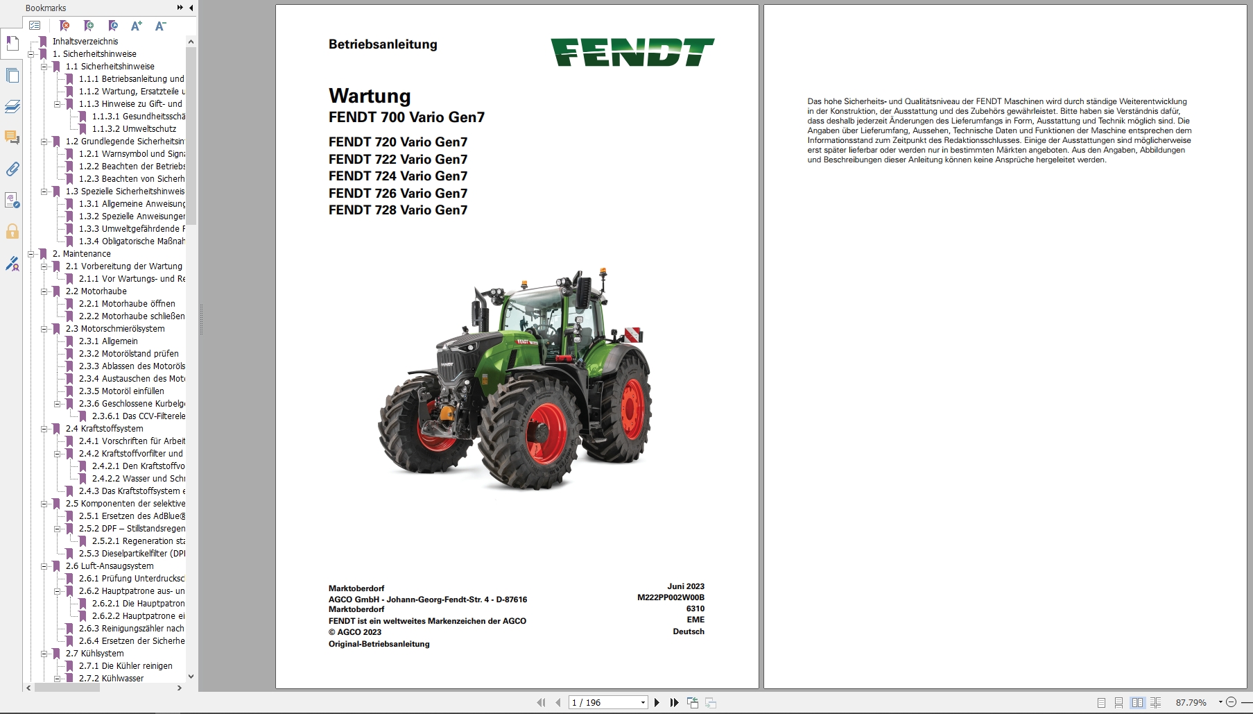 Fendt Tractor 700 Vario Gen7 VIN 706 710 Operation Workshop Electrical Manuals DE (1)