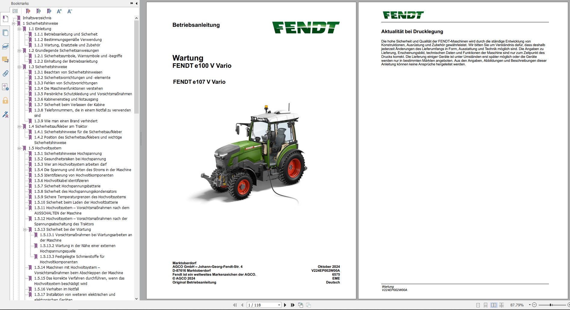 Fendt Tractor e100V e107V Vario Operation Maintenance Manuals DE (1)
