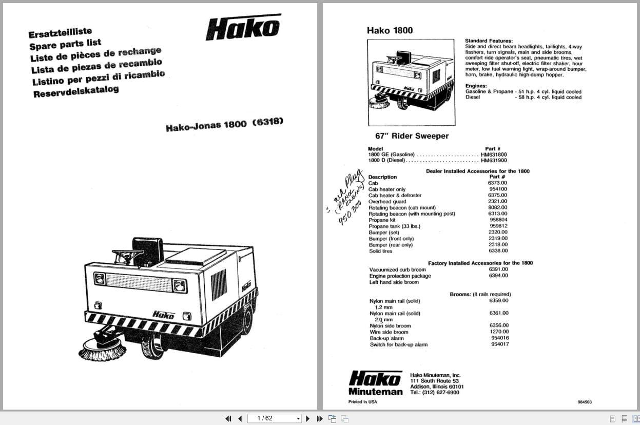 Hako Jonas Sweeper Hakomatic 1800 Spare Parts List 85 00 1993 750 DE EN FR (1)