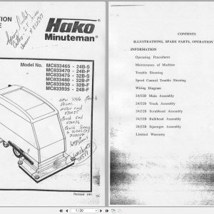 Hako Minuteman Scrubbers MC833465 24B S To MC833935 24B F Operation Service Parts Care 983506 (1)