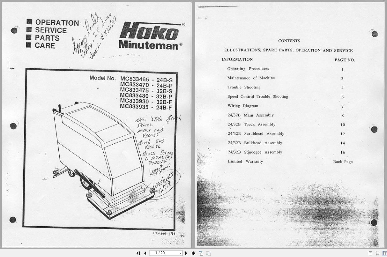 Hako Minuteman Scrubbers MC833465 24B S To MC833935 24B F Operation Service Parts Care 983506 (1)
