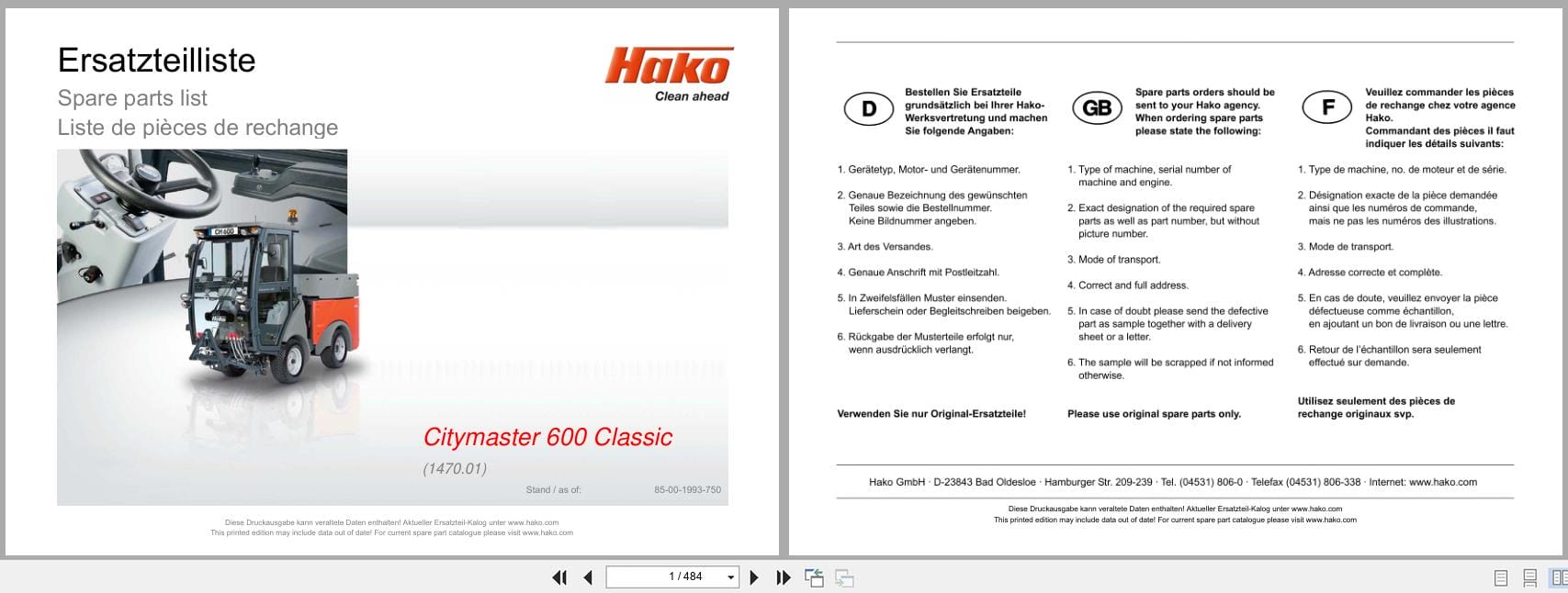 Hako Multi Purpose Machine Citymaster 600 Classic Spare Parts List 85 00 1993 750 EN DE FR (1)