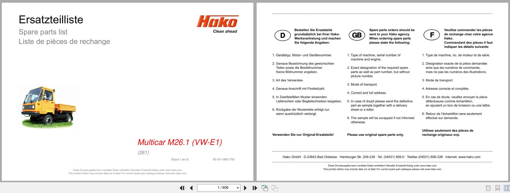 Hako Multicar M26.1 VW E1 261 Spare Parts List 85 00 1993 750 (1)