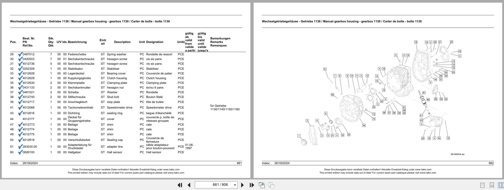Hako Multicar M26.1 VW E1 261 Spare Parts List 85 00 1993 750 (3)