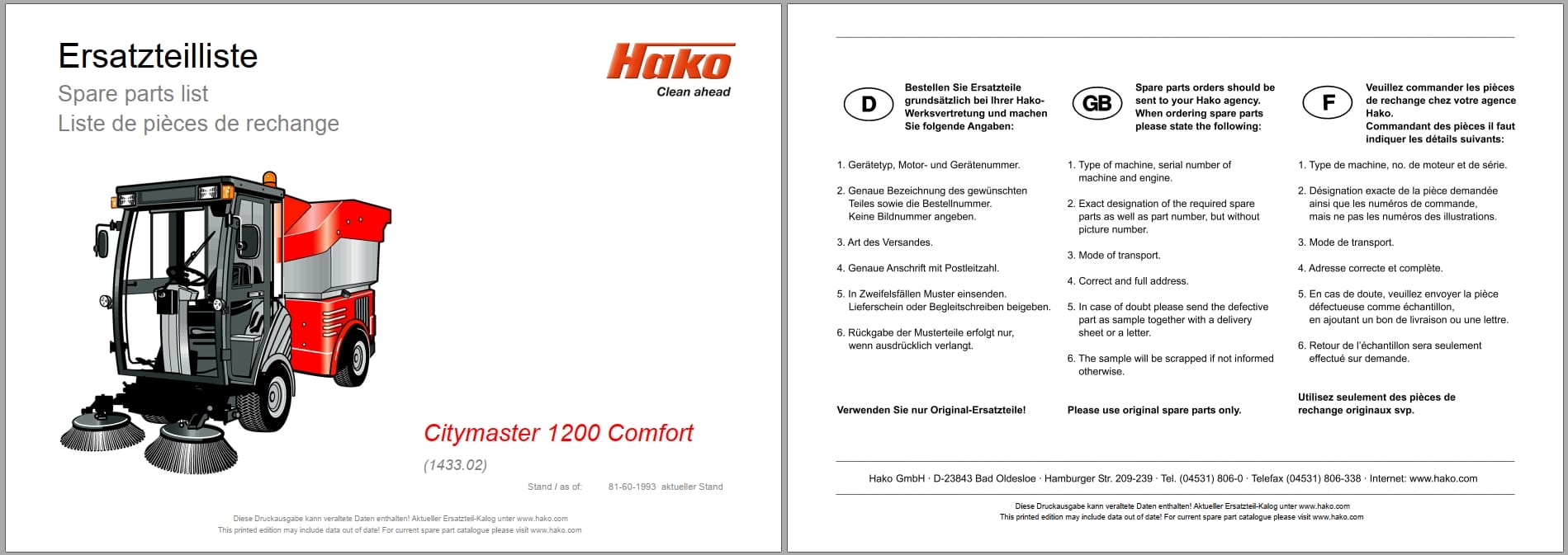 Hako Rider Sweeper Citymaster 1200 Comfort 1433.02 Spare Parts List (1)