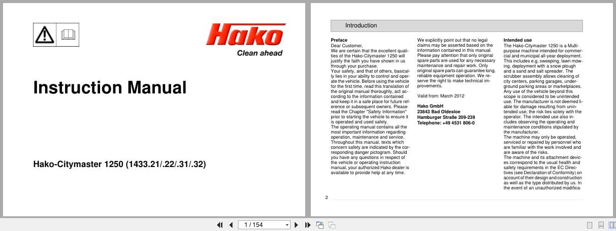 Hako Rider Sweeper Citymaster 1250 Instruction Manual 88 10 2993 (1)