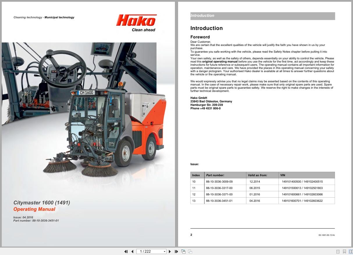 Hako Rider Sweeper Citymaster 1600 1491 Operating Manual 88 10 3036 3451 01 2016 (1)