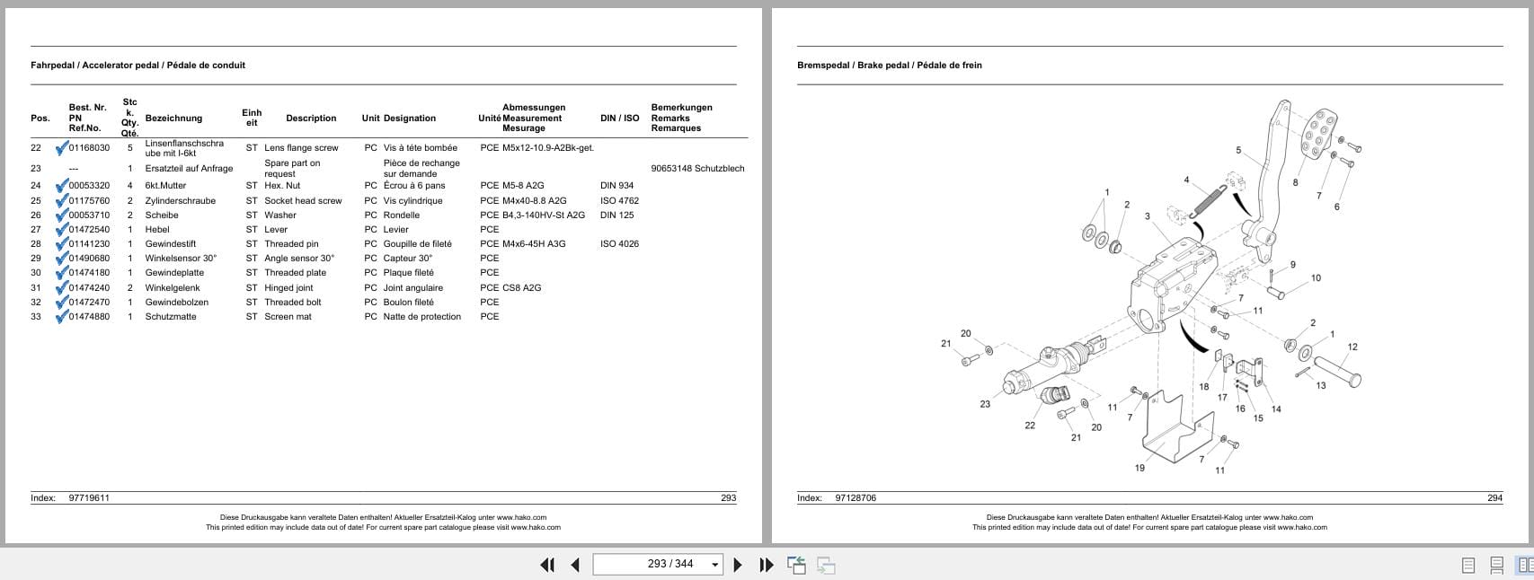 Hako Rider Sweeper Citymaster 1600 Comfort 1491.02 Spare Parts List 85 00 1993 750 DE EN FR (2)