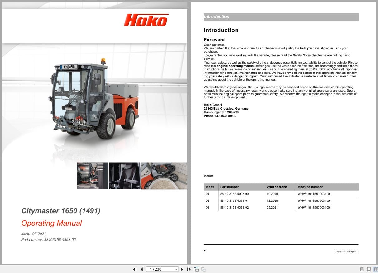 Hako Rider Sweeper Citymaster 1650 1491 Operating Manual 88103158 4393 02 2021 (1)