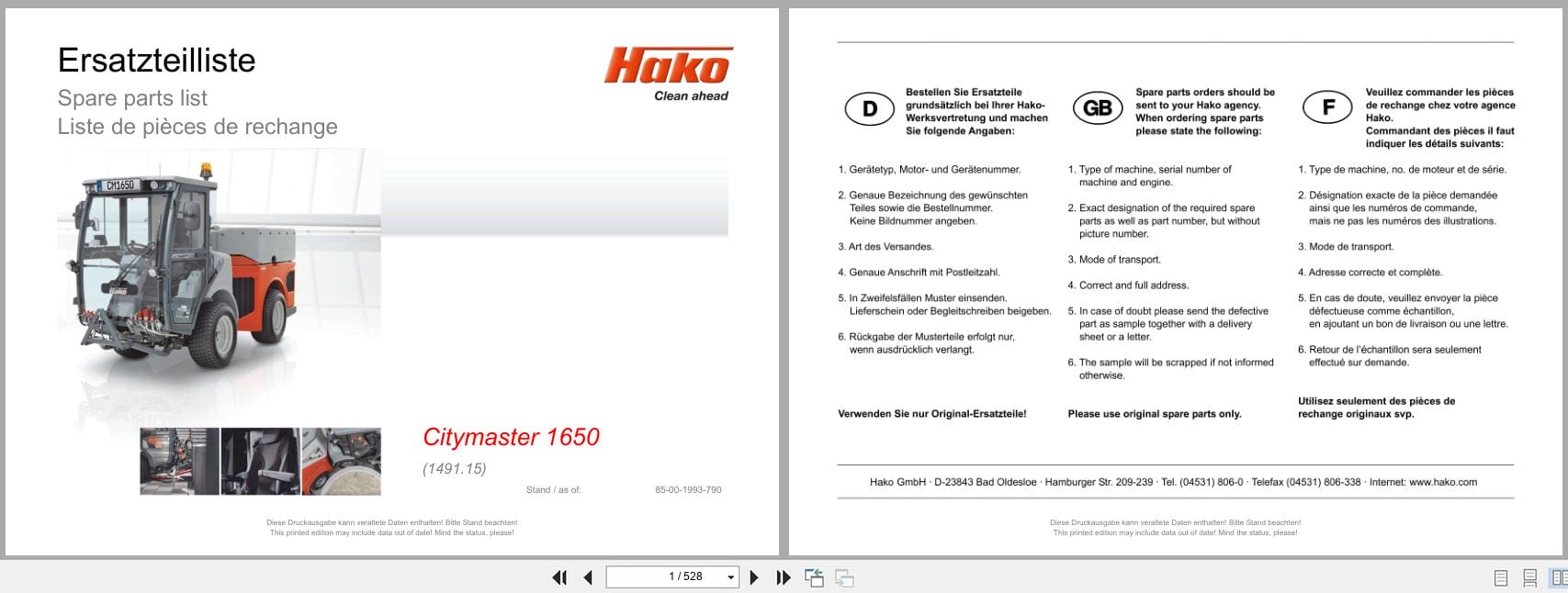 Hako Rider Sweeper Citymaster 1650 1491.15 Spare Parts List 85 00 1993 790 DE EN FR (1)