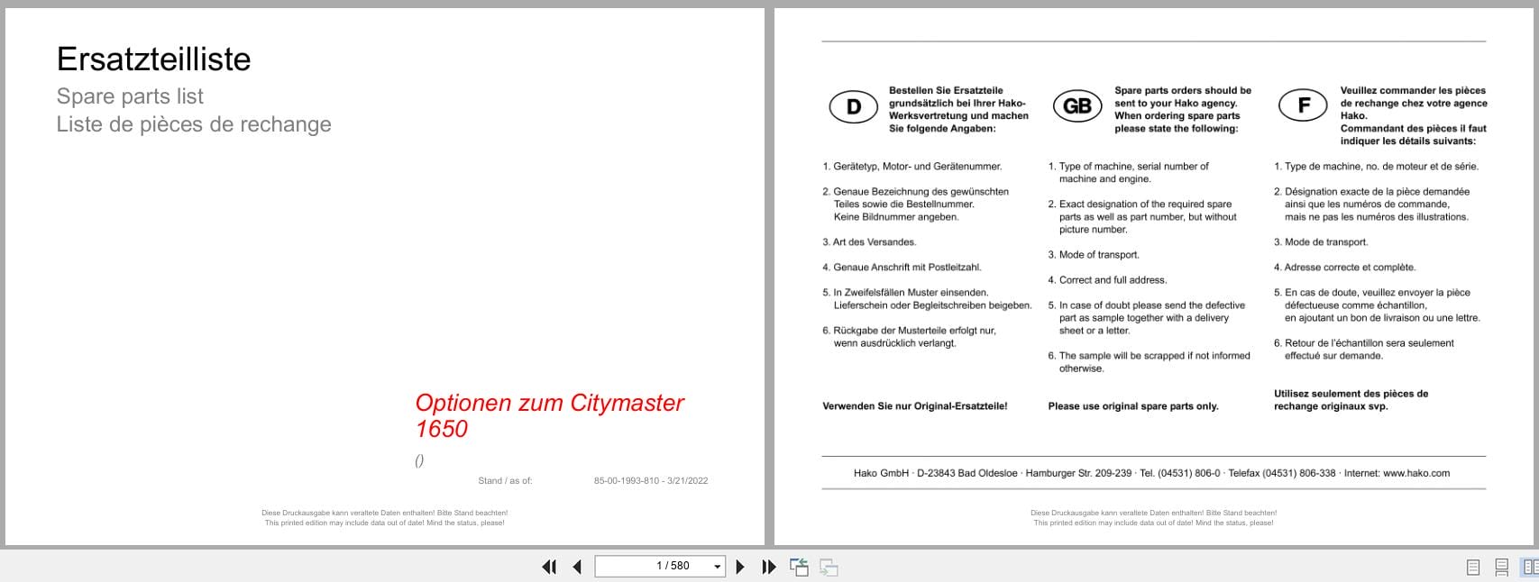 Hako Rider Sweeper Citymaster 1650 Option Spare Parts List 85 00 1993 810 2022 (1)