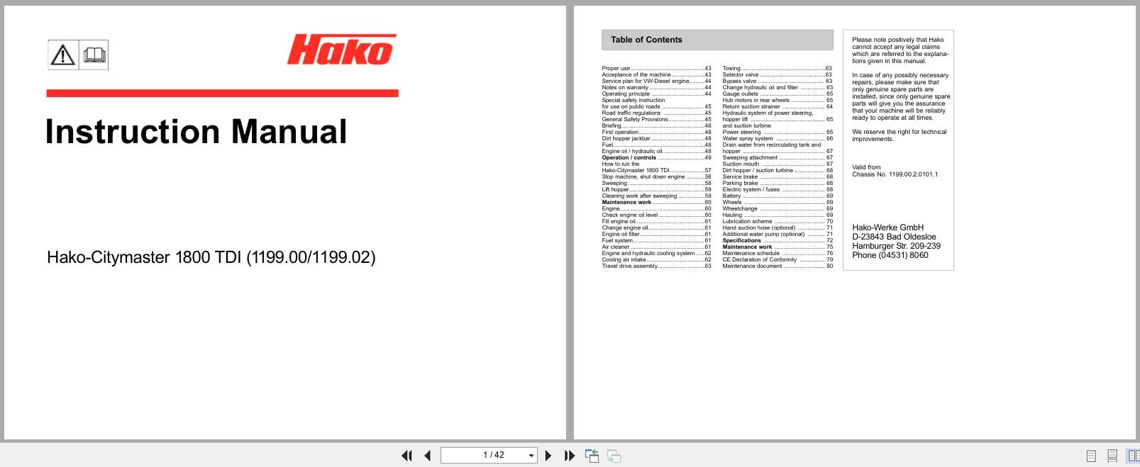 Hako Rider Sweeper Citymaster 1800 TDI Instruction Manual 88 10 2600 2005 (1)