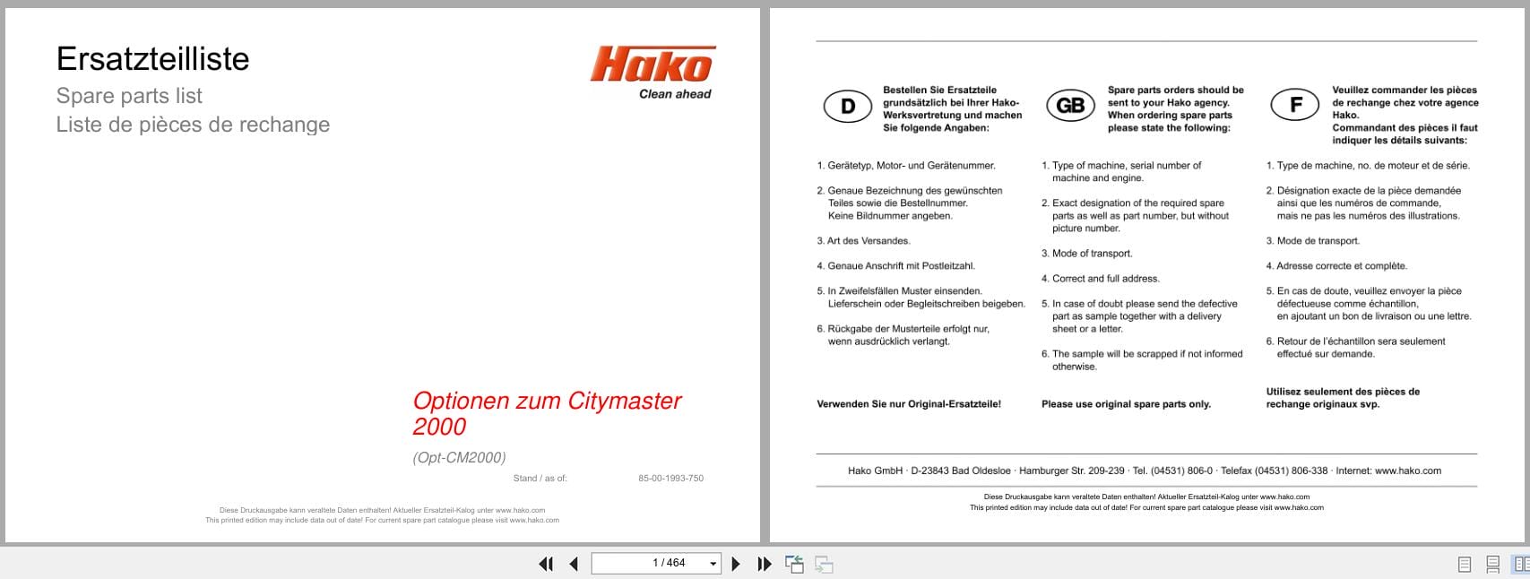 Hako Rider Sweeper Citymaster 2000 Option Spare Parts List 85 00 1993 750 DE EN FR (1)