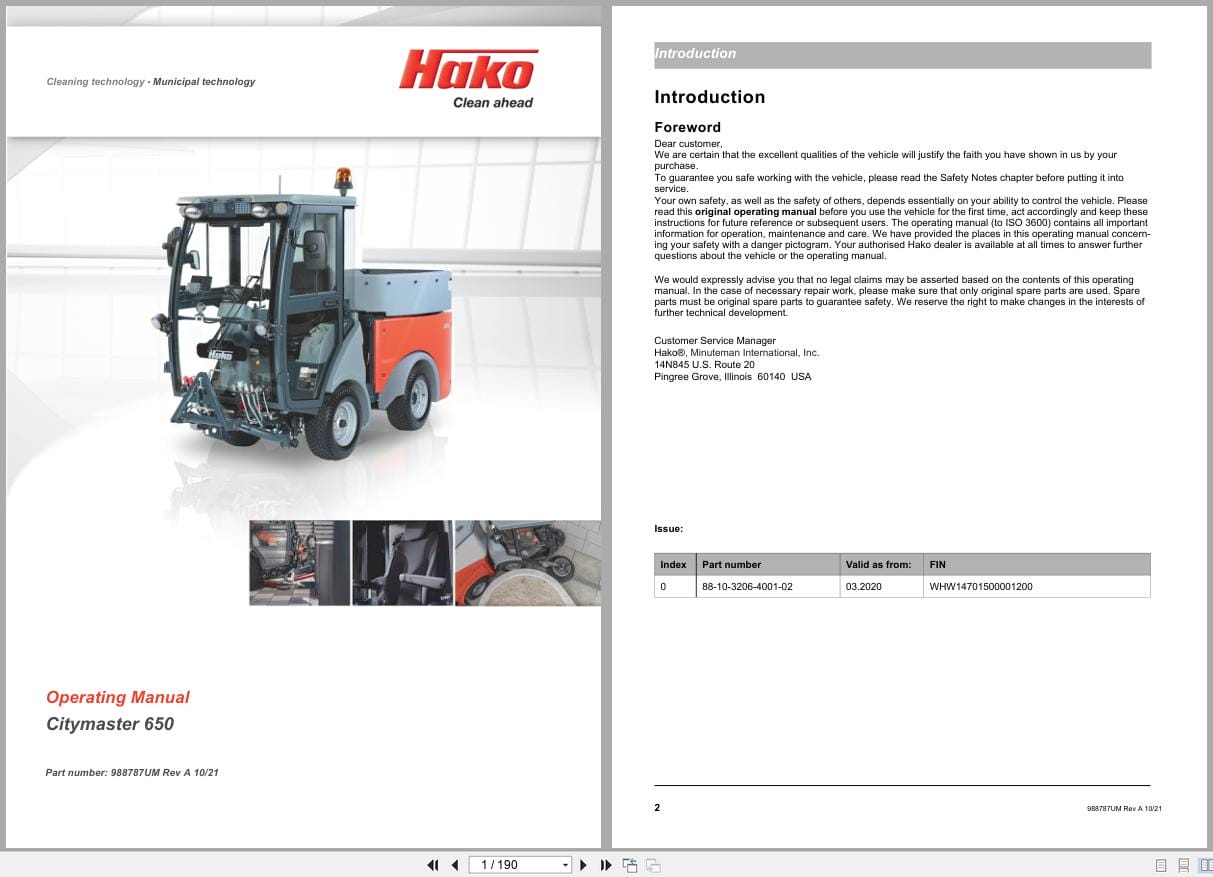 Hako Rider Sweeper Citymaster 650 Operating Manual 988787UM 2021 (1)