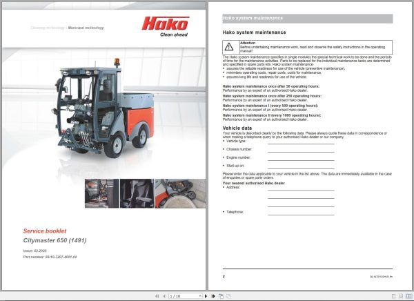 Hako Rider Sweeper Citymaster 650 Service Manual (1) Hako Rider Sweeper Citymaster 650 Service Manual (1)