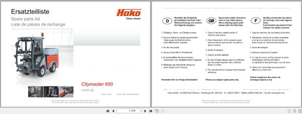 Hako Rider Sweeper Citymaster 650 Spare Parts List 81 60 1993 FR EN DE (1)