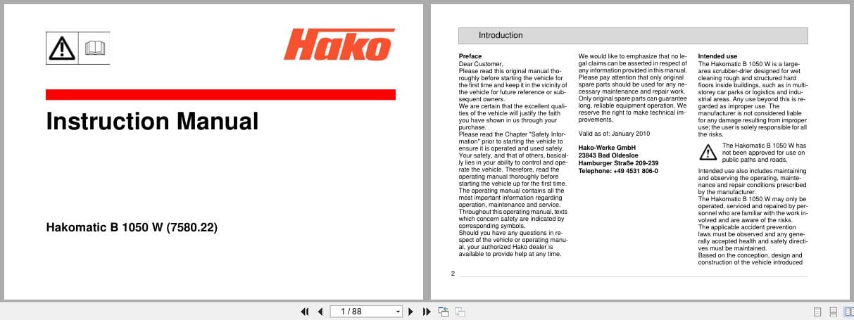 Hako Rider Sweeper Hakomatic B1050W Instruction Manual 88 60 2888 (1)