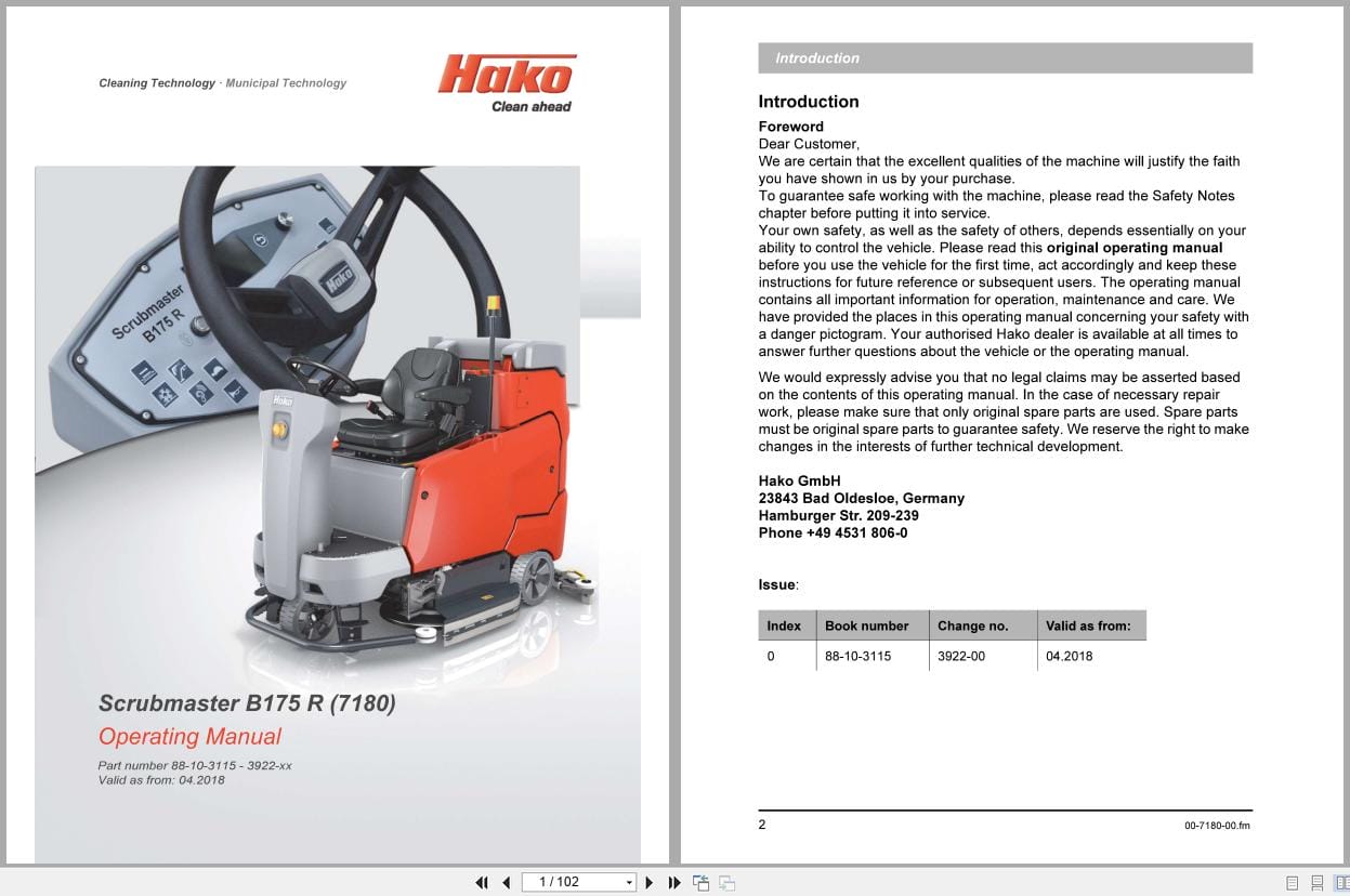 Hako Scrubber Drier Scrubmaster B175R Operating Manual 88 10 3115 3922 xx 2018 (1)