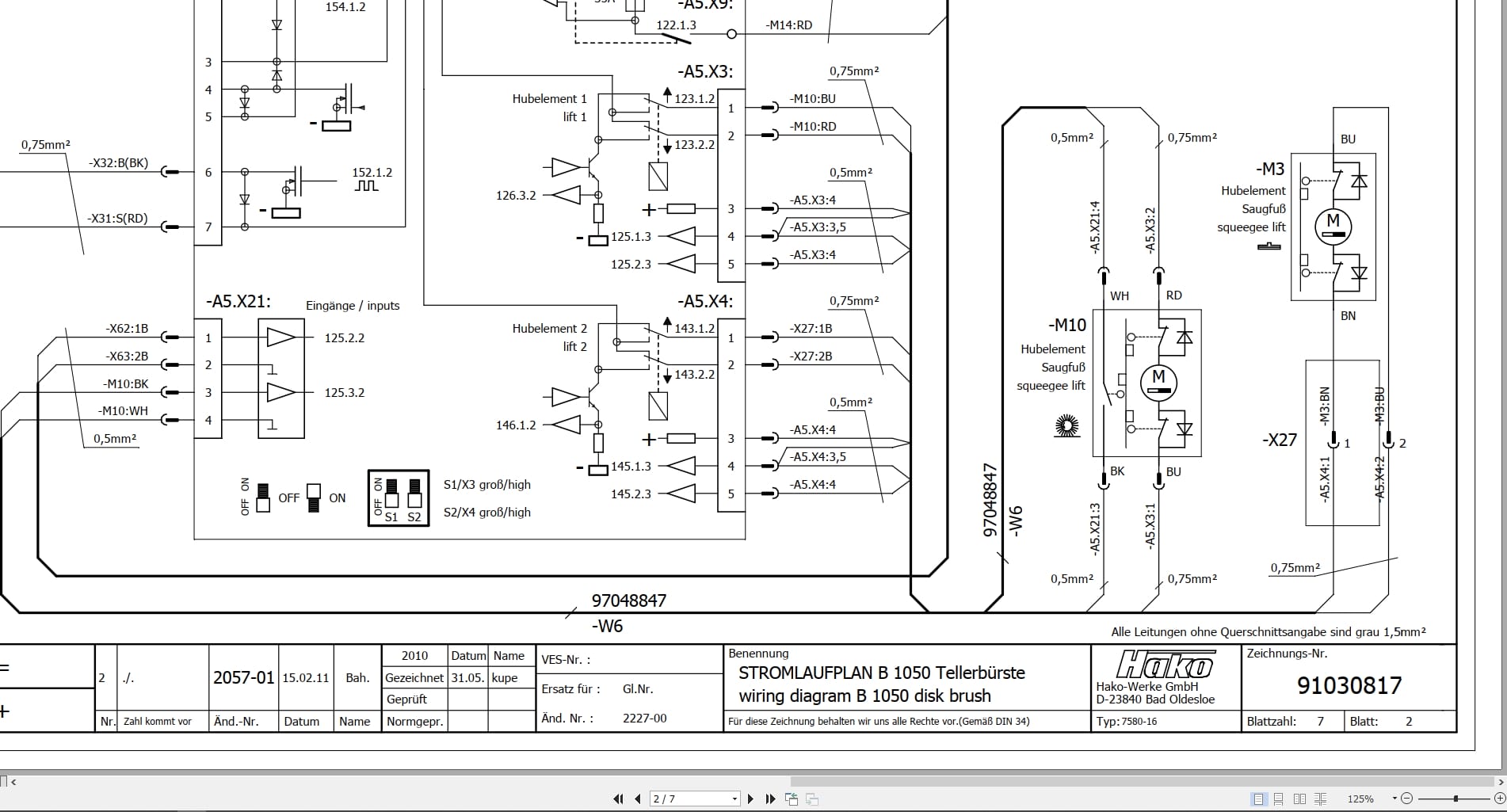 Hako Sweeper B1050 PowerBoss Admiral 38D Disk Brush Electrical Schematic 91030817 (2)