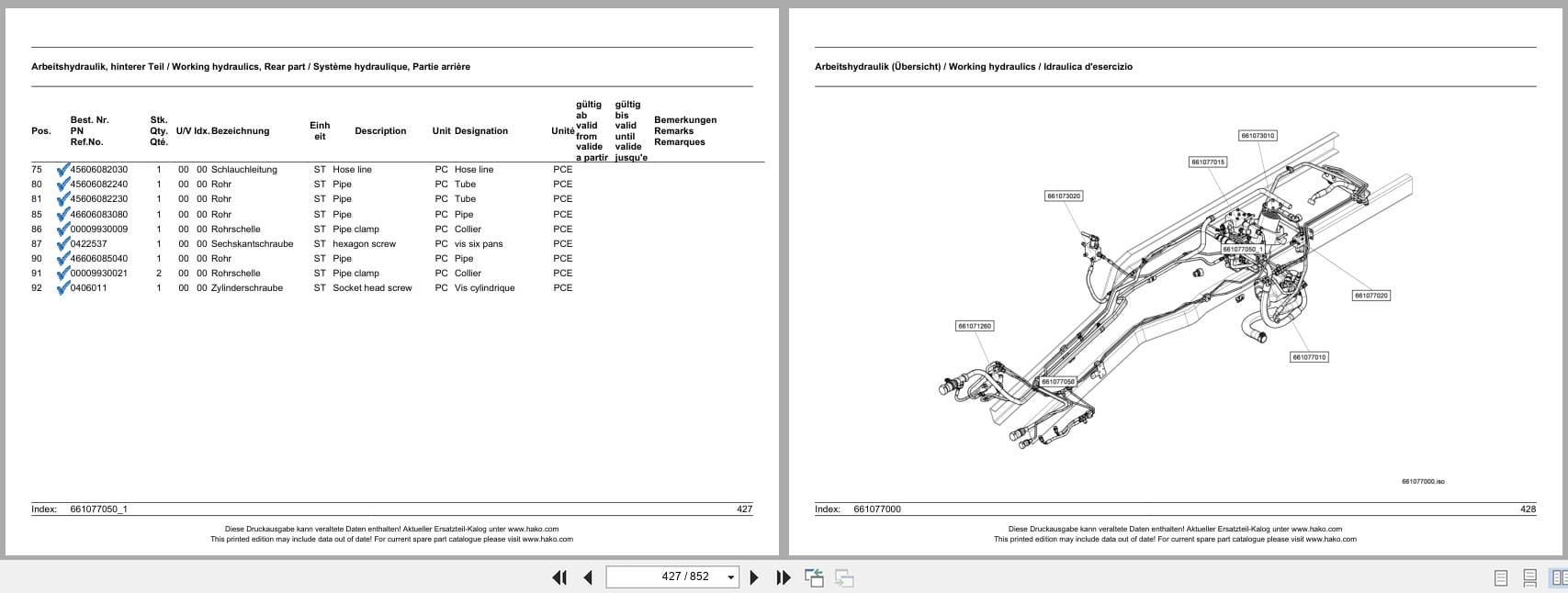 Hako Sweeper Citymaster 2000 E IV 2 Broom System 1411.20 Spare Parts List 85 00 1993 750 DE EN FR (2)