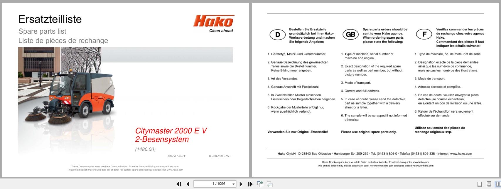 Hako Sweeper Citymaster 2000 E IV 2 Broom System 1480.00 Spare Parts List 85 00 1993 750 DE EN FR (1)