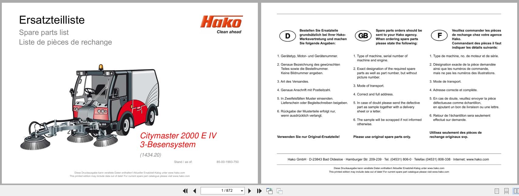 Hako Sweeper Citymaster 2000 E IV 3 Broom System 1434.20 Spare Parts List 85 00 1993 750 DE EN FR (1)