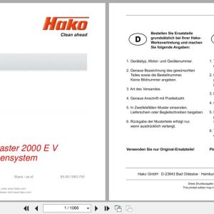 Hako Sweeper Citymaster 2000 E IV 3 Broom System 1481.00 Spare Parts List 85 00 1993 750 DE EN FR (1)