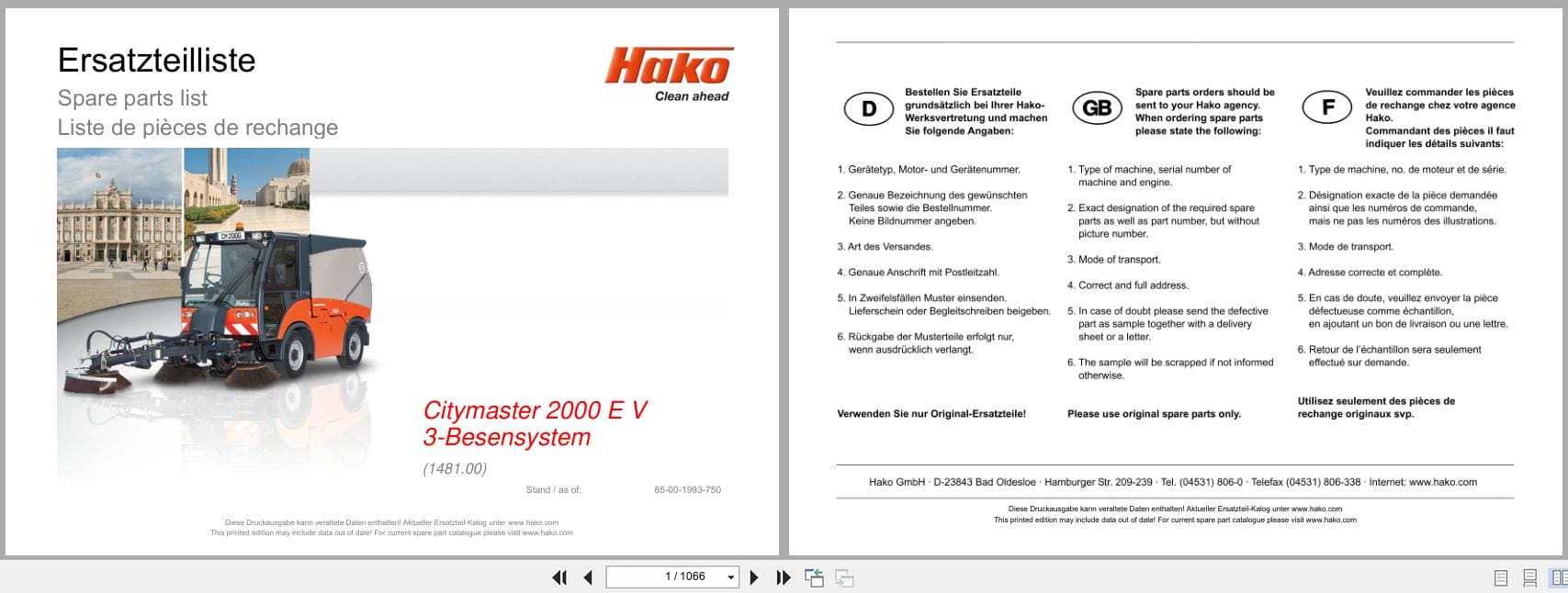 Hako Sweeper Citymaster 2000 E IV 3 Broom System 1481.00 Spare Parts List 85 00 1993 750 DE EN FR (1)