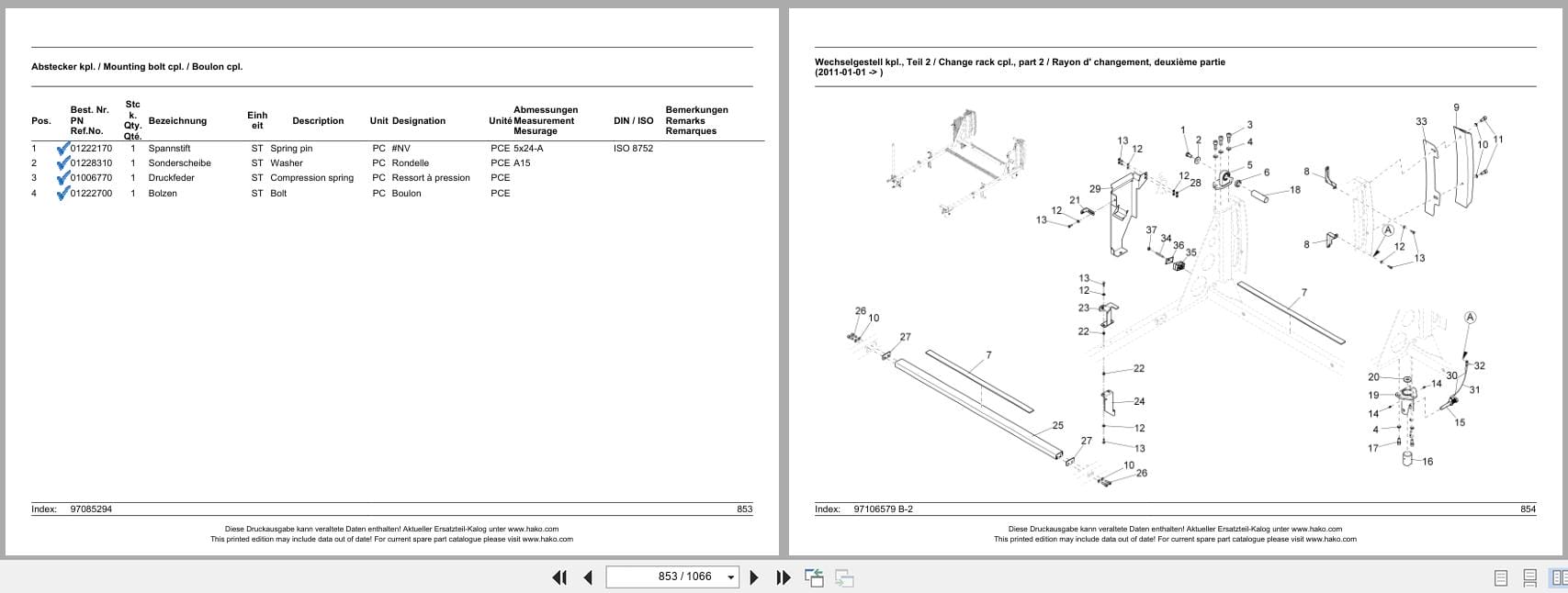 Hako Sweeper Citymaster 2000 E IV 3 Broom System 1481.00 Spare Parts List 85 00 1993 750 DE EN FR (3)