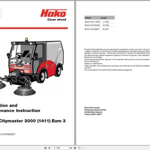 Hako Sweeper Citymaster 2000 Euro 3 Operation And Maintenance Instruction 88 10 2703 2007 (1)