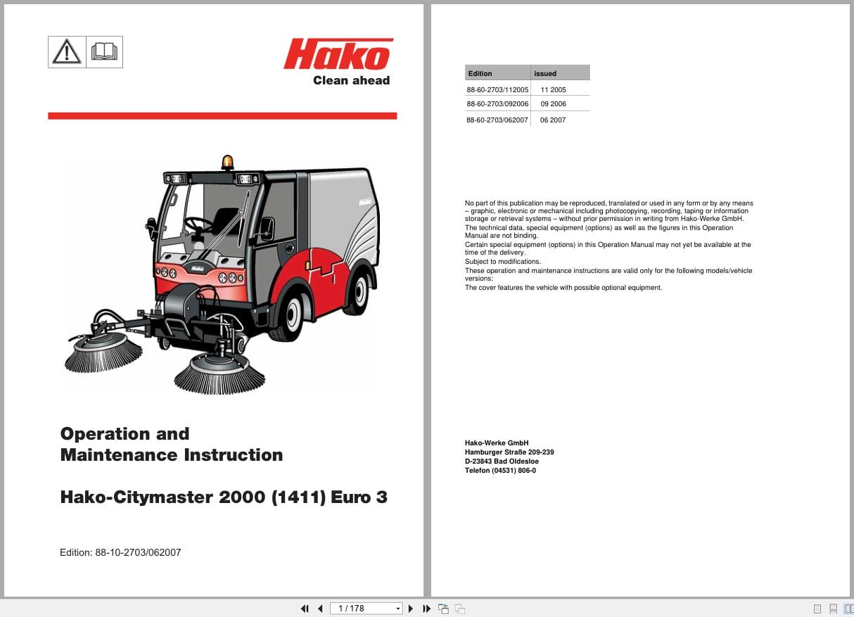 Hako Sweeper Citymaster 2000 Euro 3 Operation And Maintenance Instruction 88 10 2703 2007 (1)