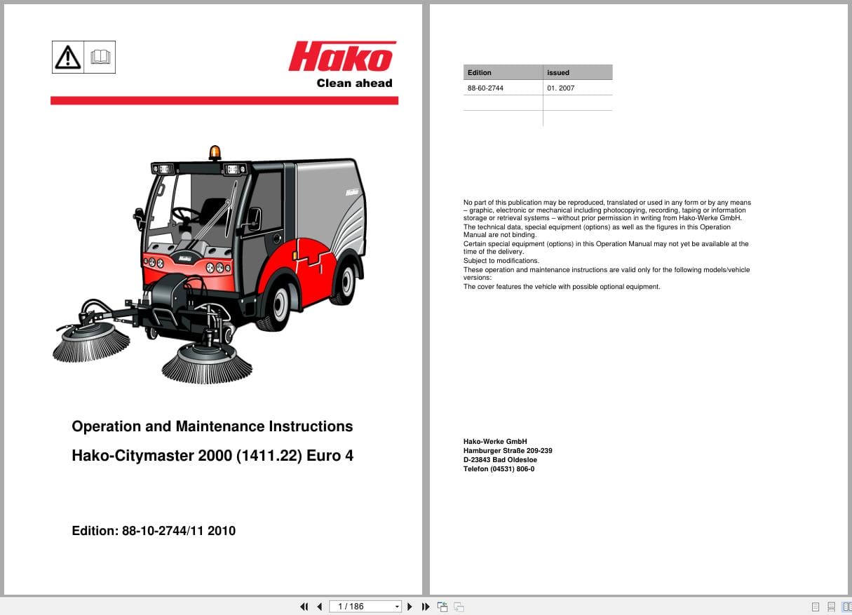 Hako Sweeper Citymaster 2000 Euro 4 Operation Maintenance Instruction 88 10 2744 2011 (1)