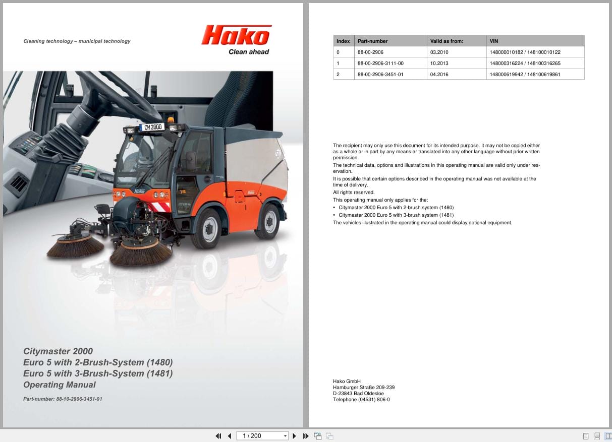 Hako Sweeper Citymaster 2000 Euro 5 Operating Manual 88 10 2906 3451 01 2016 (1)