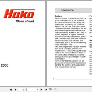 Hako Sweeper Citymaster 2000 Pressure Washer Instruction Manual 88 10 2800 3451 00 (1)