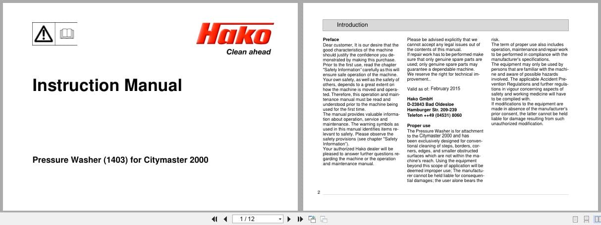 Hako Sweeper Citymaster 2000 Pressure Washer Instruction Manual 88 10 2800 3451 00 (1)