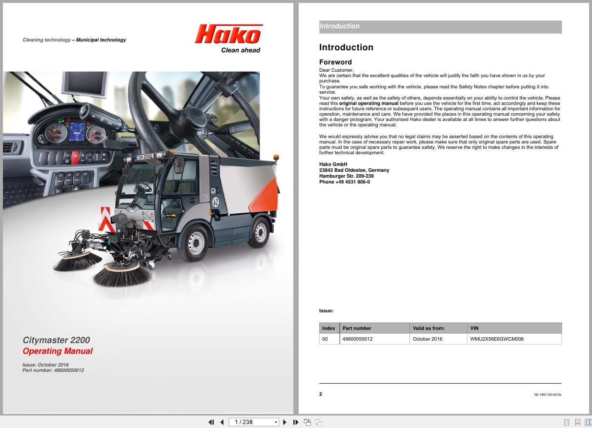 Hako Sweeper Citymaster 2200 Operating Manual 48600050012 2016 (1)