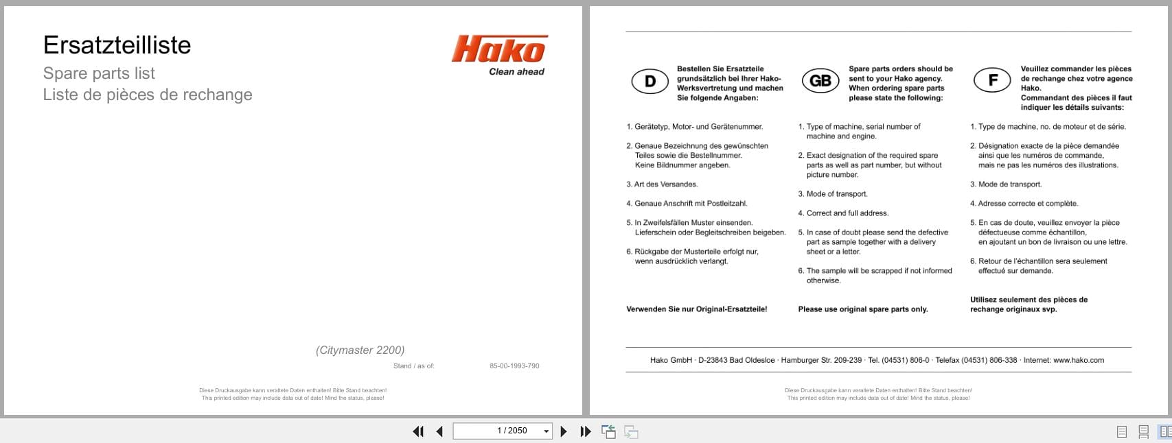 Hako Sweeper Citymaster 2200 Spare Parts List 85 00 1993 790 DE EN FR (1)