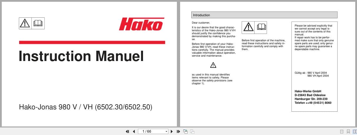 Hako Sweeper Hako Jonas 980V 980VH Instruction Manuel 88 60 2630 2005 (1)