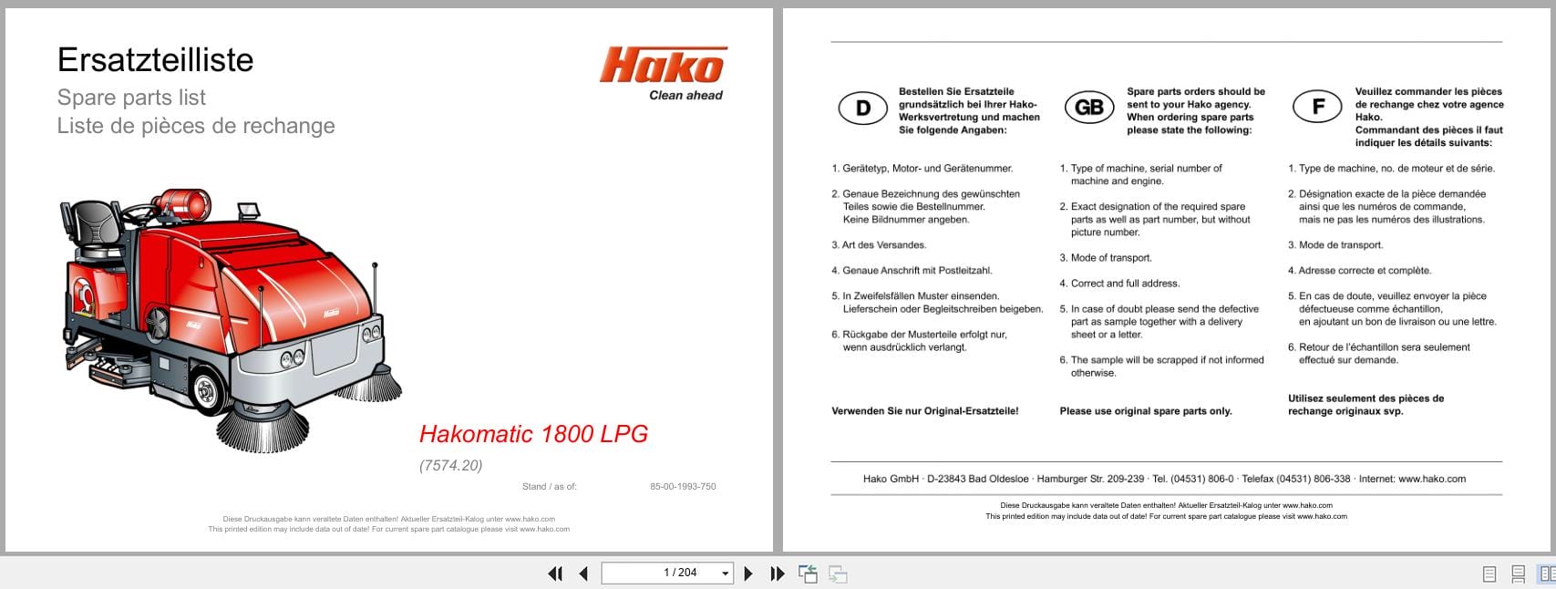 Hako Sweeper Hakomatic 1800 LPG Spare Parts List 85 00 1993 750 DE EN FR (1)