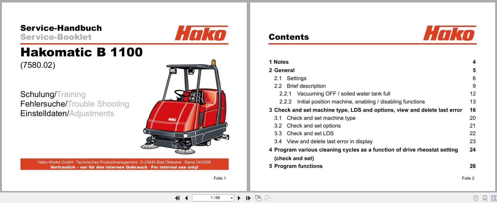 Hako Sweeper Hakomatic B1100 Admiral 42 Service Booklet 2006 (1)