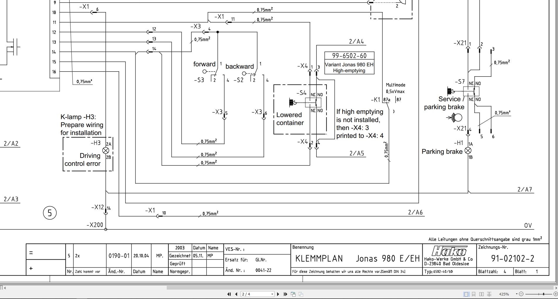 Hako Sweeper Jonas 980E 980EH Apex 47B Clamping Plan Circuit Diagram 91 02102 2 (2)