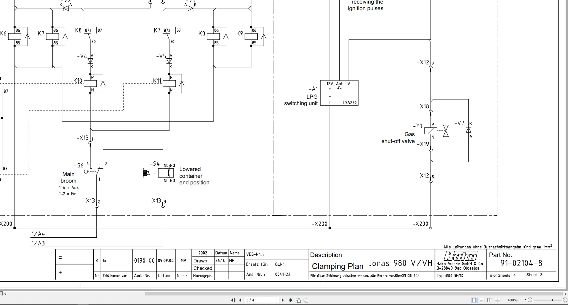Hako Sweeper Jonas 980V 980VH Apex 47 LP Gas Clamping Plan Electrical Schematic 91 02104 8 (2)