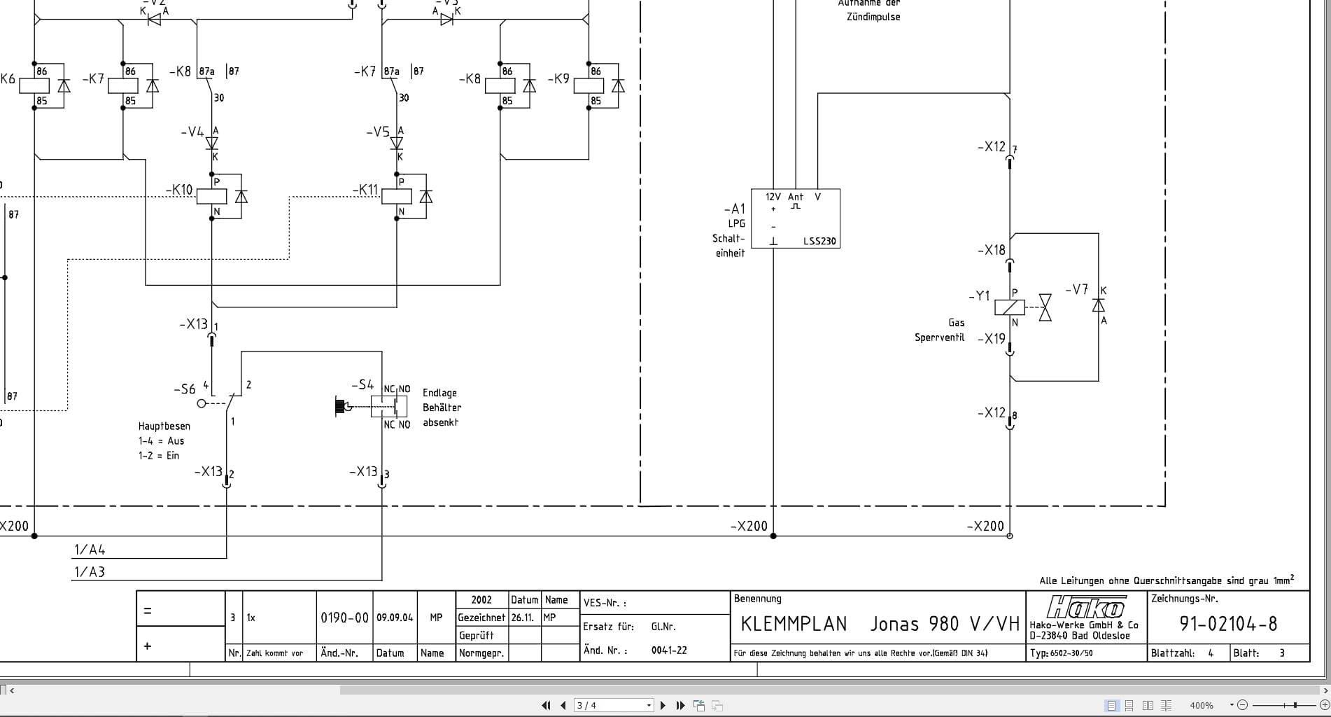 Hako Sweeper Jonas 980V 980VH Apex 47 LP Gas Clamping Plan Electrical Schematic 91 02104 8 DE (2)