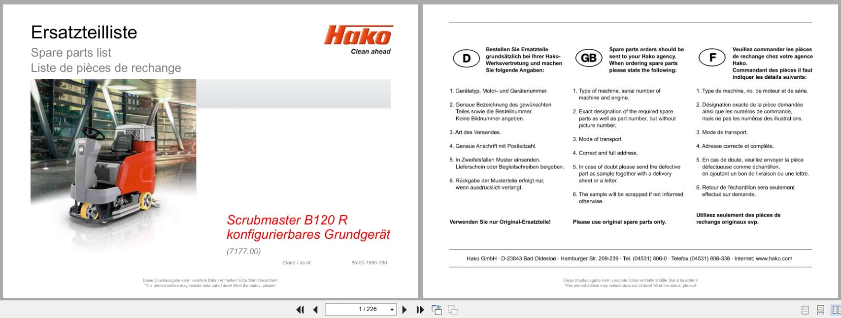 Hako Sweeper Scrubmaster B120R Spare Parts List 85 00 1993 780 EN FR DE (1)