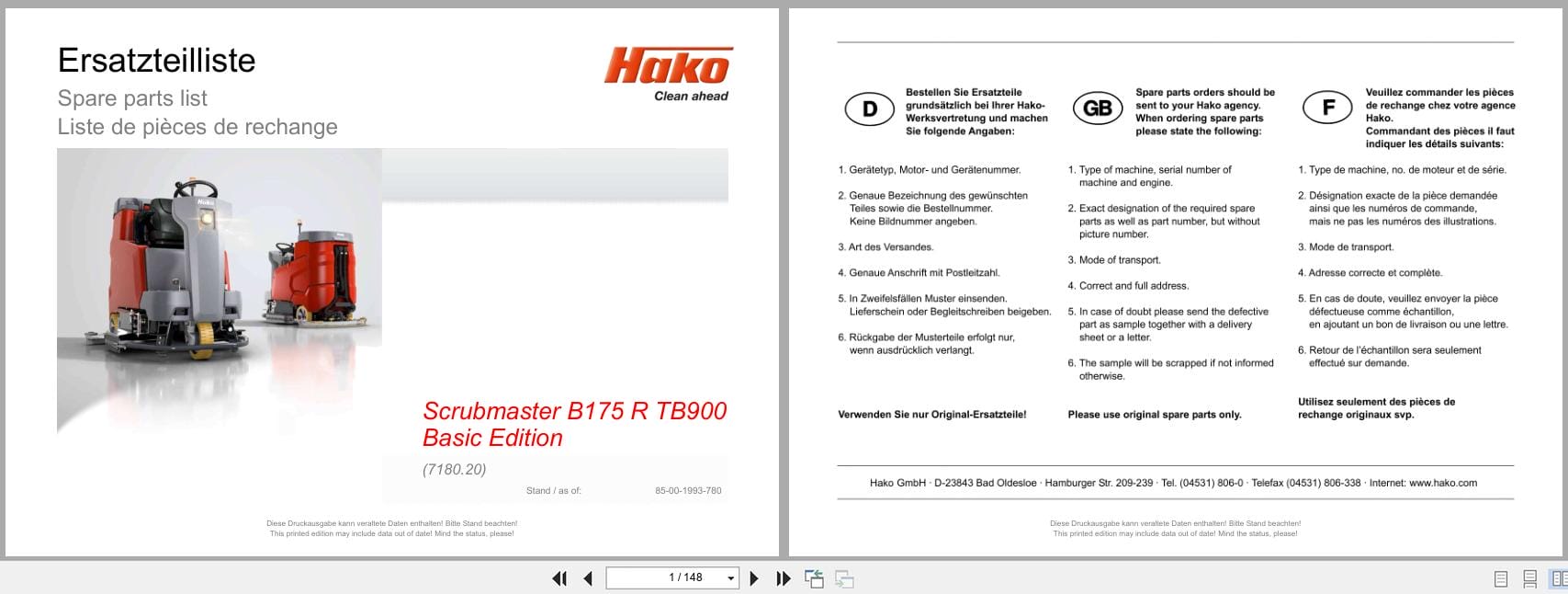 Hako Sweeper Scrubmaster B175R Spare Parts List 85 00 1993 780 (1)