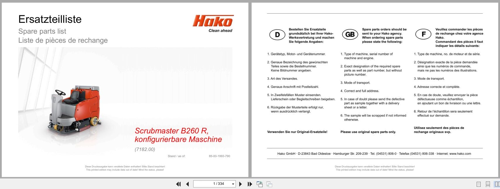 Hako Sweeper Scrubmaster B260R Configurable Machine Spare Parts List 85 00 1993 790 (1)
