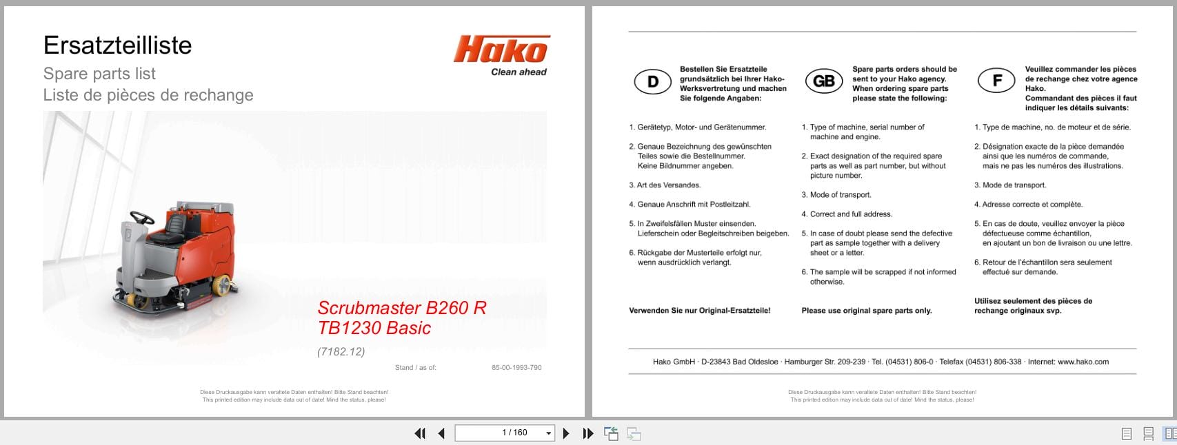 Hako Sweeper Scrubmaster B260R TB1230 Basic Spare Parts List 85 00 1993 790 EN DE FR (1)