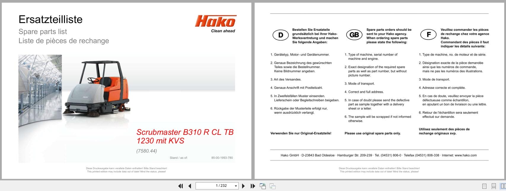 Hako Sweeper Scrubmaster B310R CL TB1230 KVS ADM48D PLUS Spare Parts List 85 00 1993 780 2019 (1)