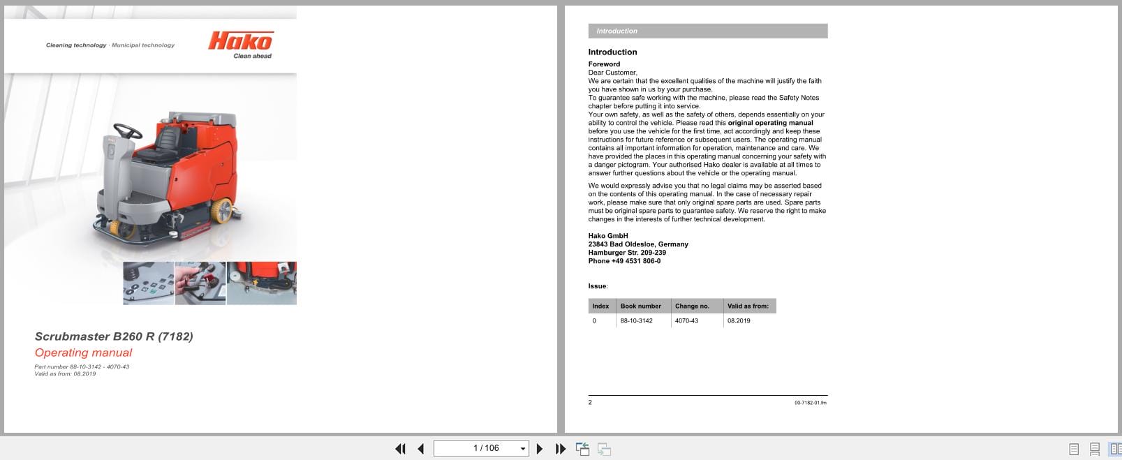 Hako Sweeper Scrubmater B260R Operating Manual 88 10 3142 4070 43 2019 (1)