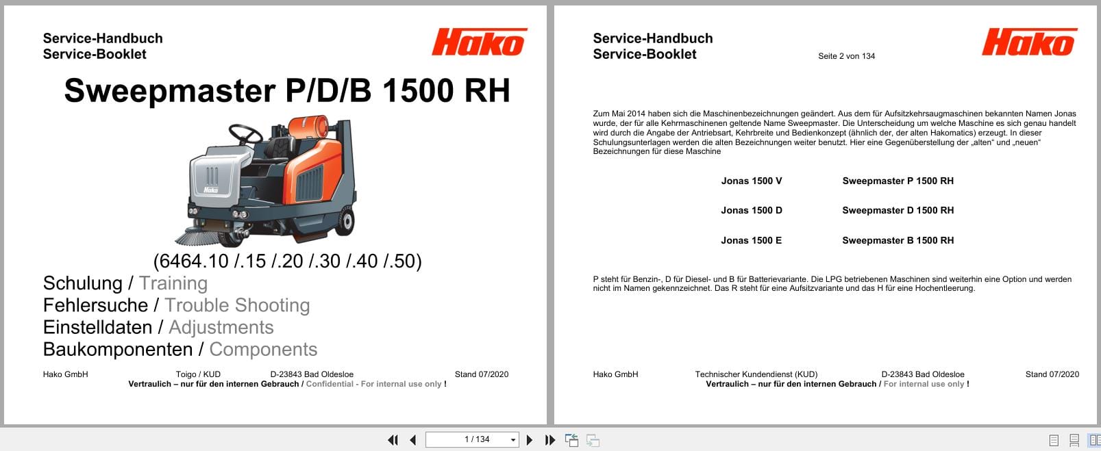 Hako Sweepmaster P1500RH D1500RH B1500RH Service Booklet 2020 DE (1)